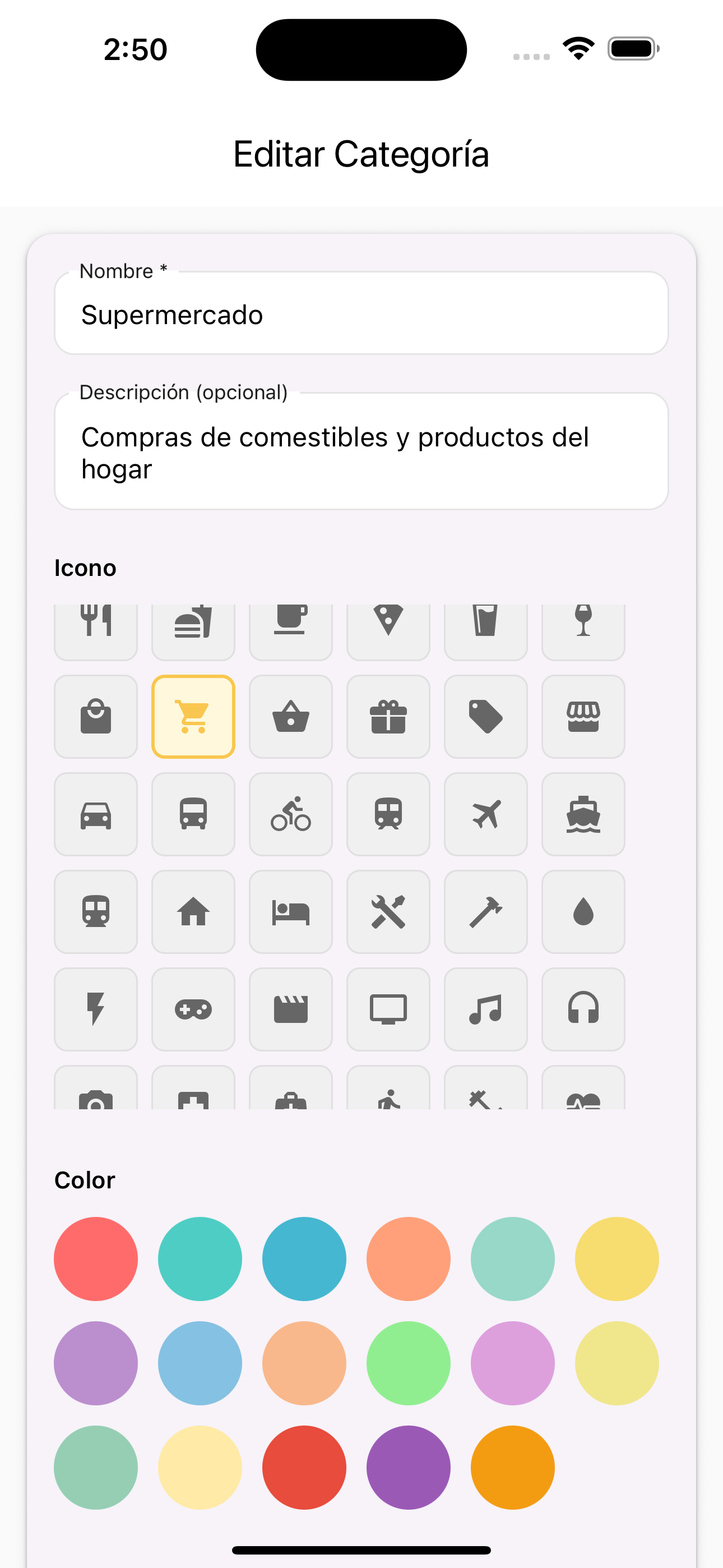 Personalización de categorías con íconos y colores