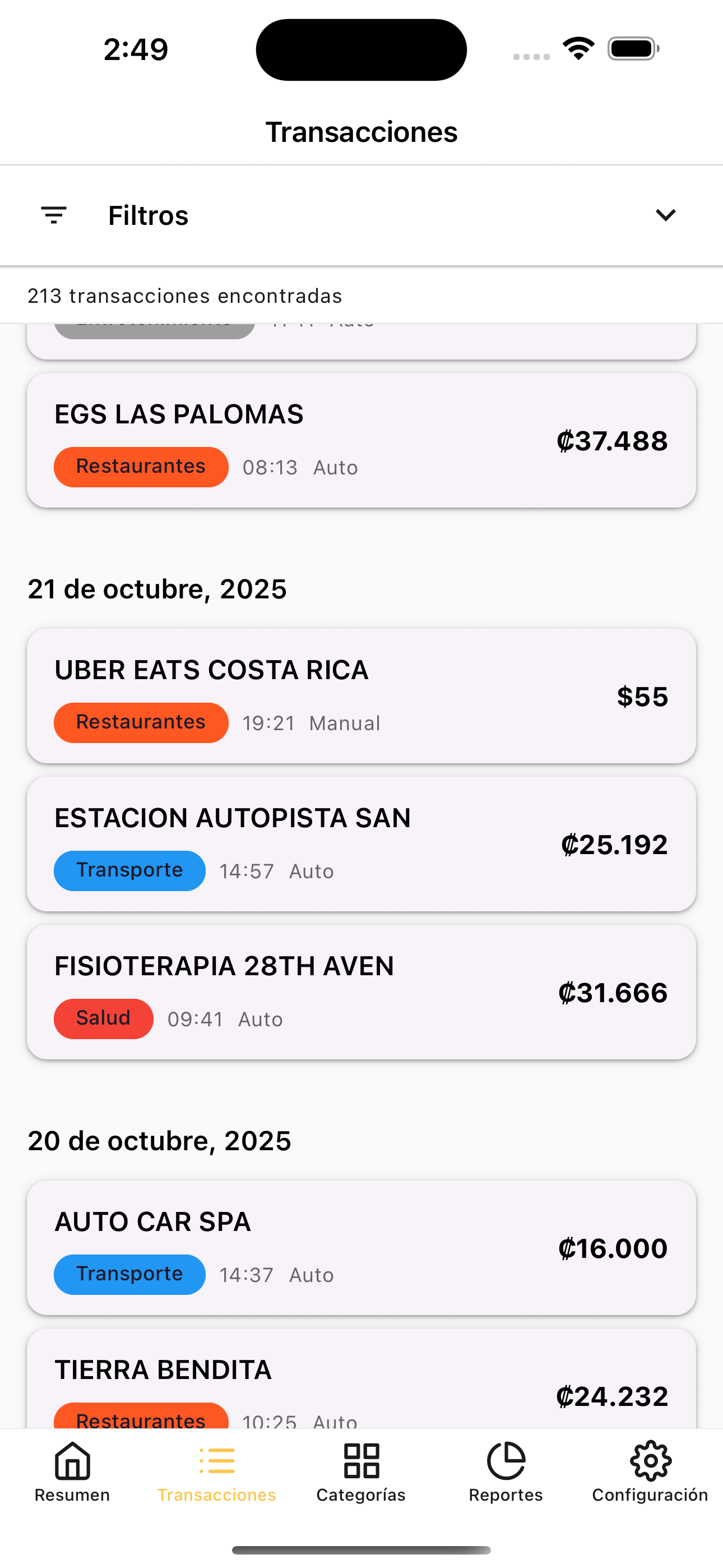 Lista de transacciones categorizadas automáticamente